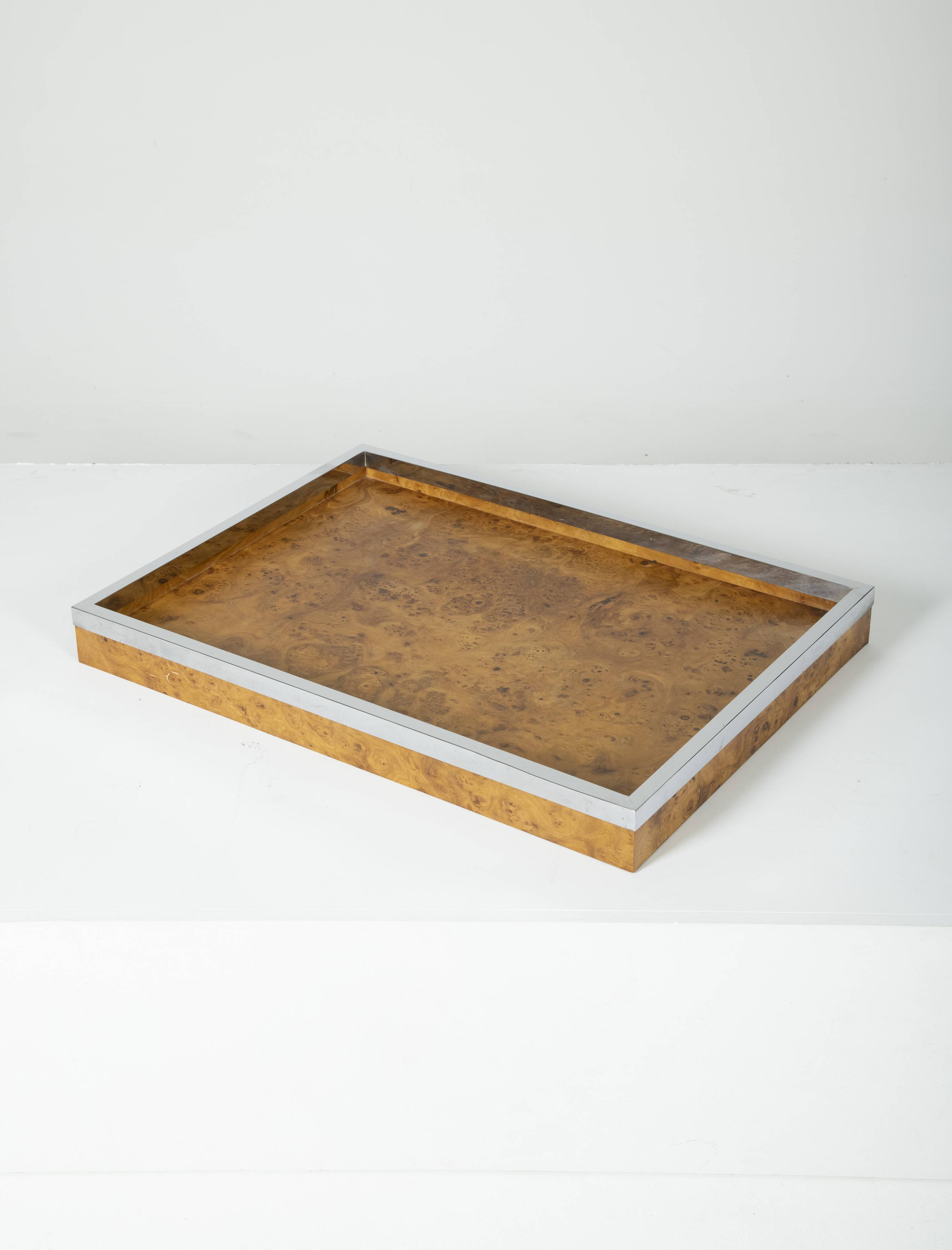 Elm and chrome magnifying glass tray, 1970s