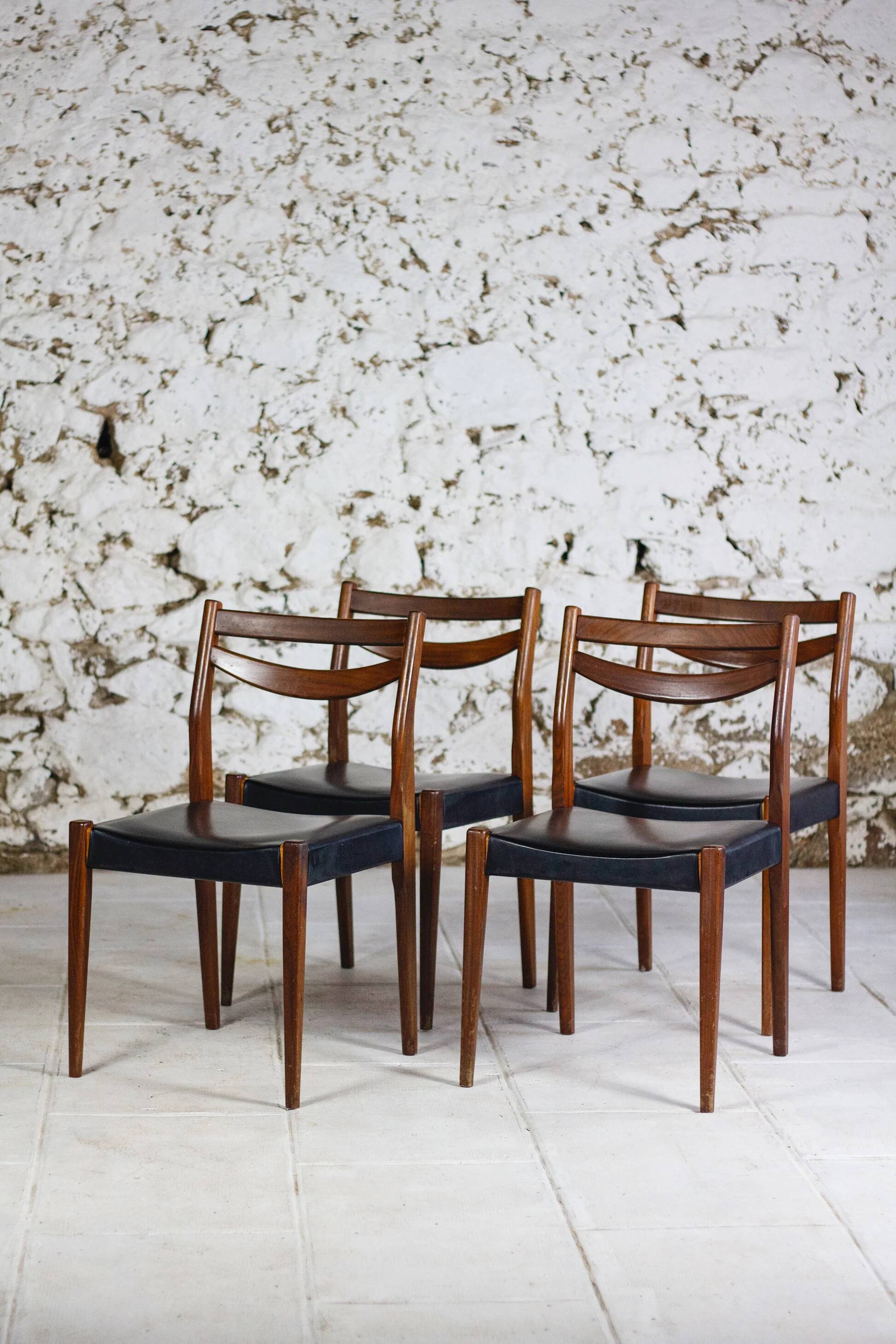4 vintage Scandinavian chairs in teak and imitation leather, 1960