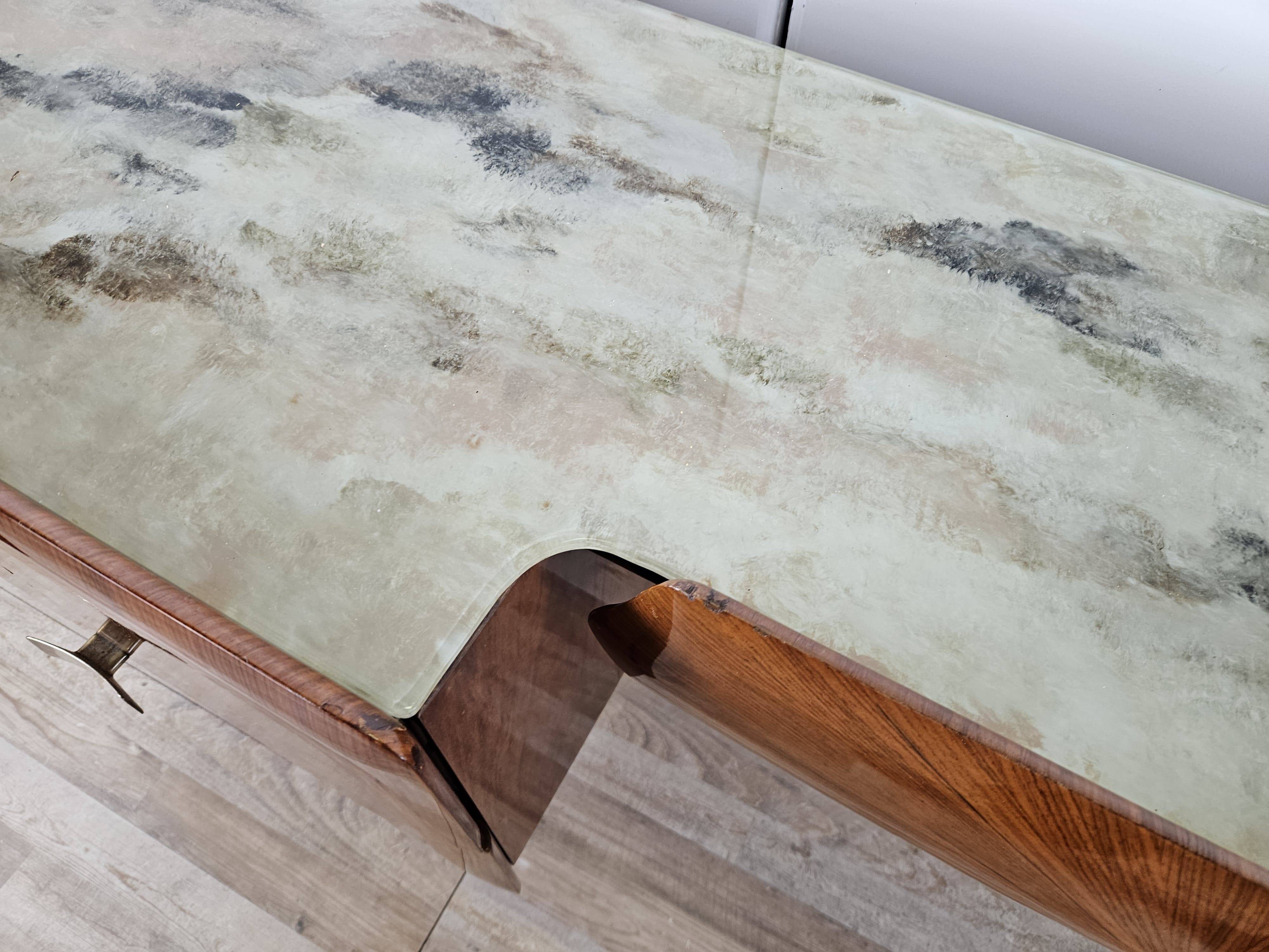 Mid Century Chest of Drawers in Mahogany, Brass and Glass