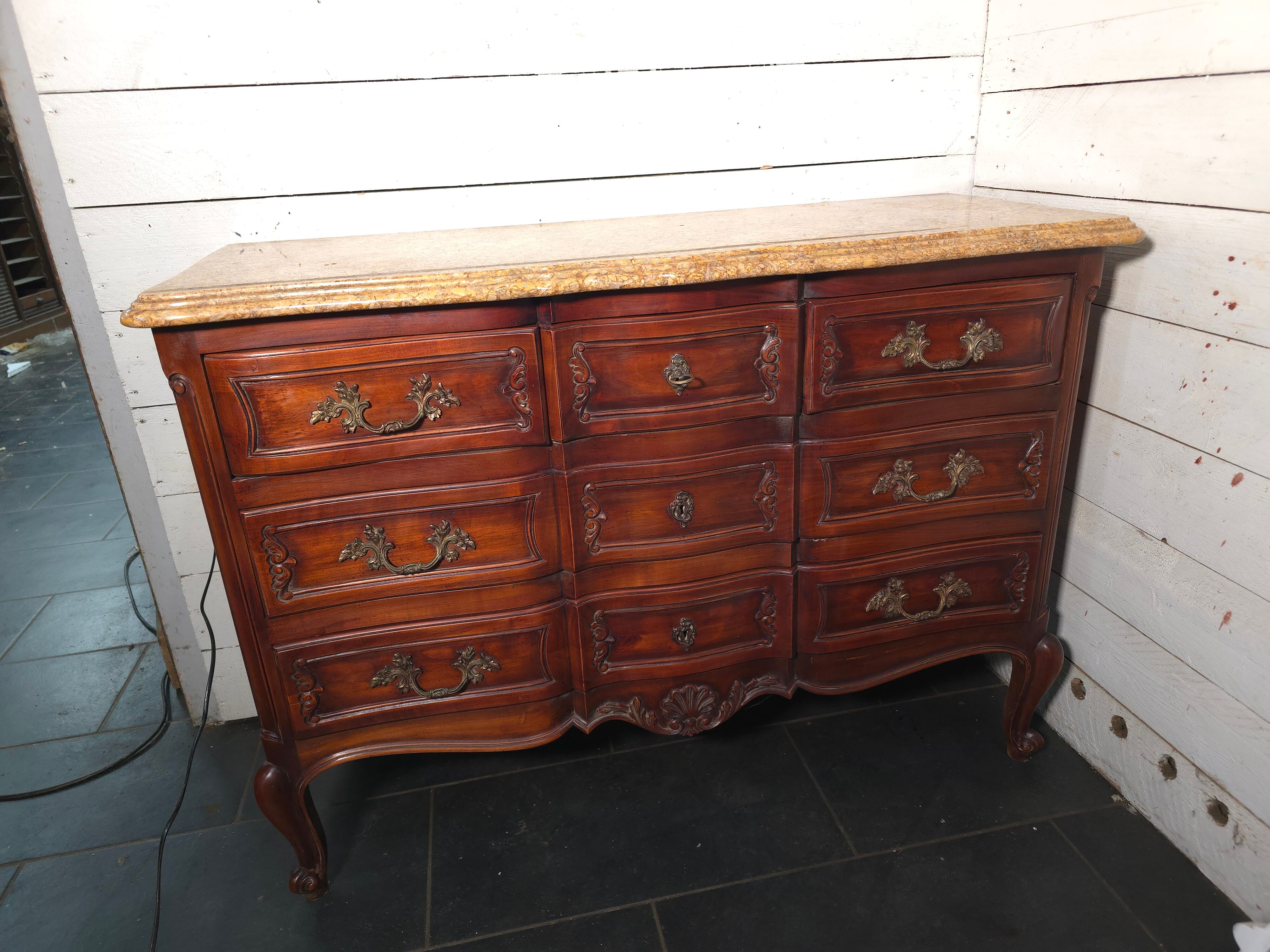 Crossbow commode in solid cherry wood, Louis XV style with marble top.