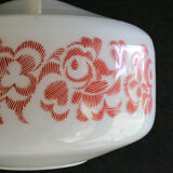 French suspension lamp in white opaline with red print pattern - comes with brass socket