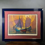 Lithographie par Louis Toffoli tirage ancien des bateaux dans le soleil