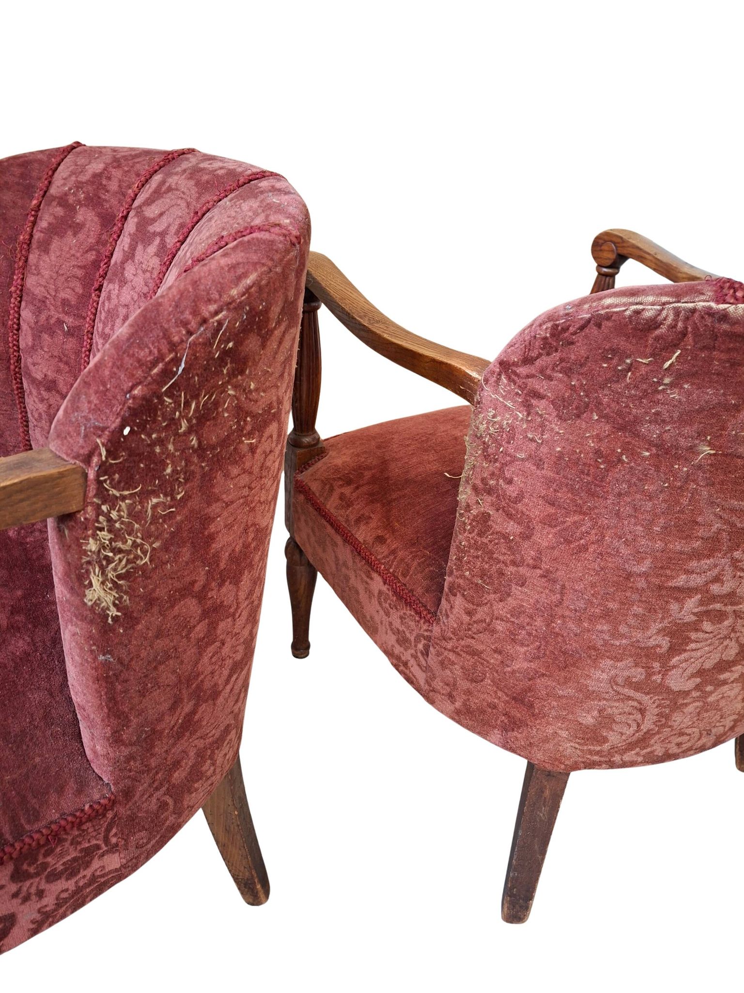 Elegante Coppia di Poltrone Vintage Anni '60 in Rovere e Velluto Damascato