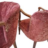 Elegante Coppia di Poltrone Vintage Anni '60 in Rovere e Velluto Damascato