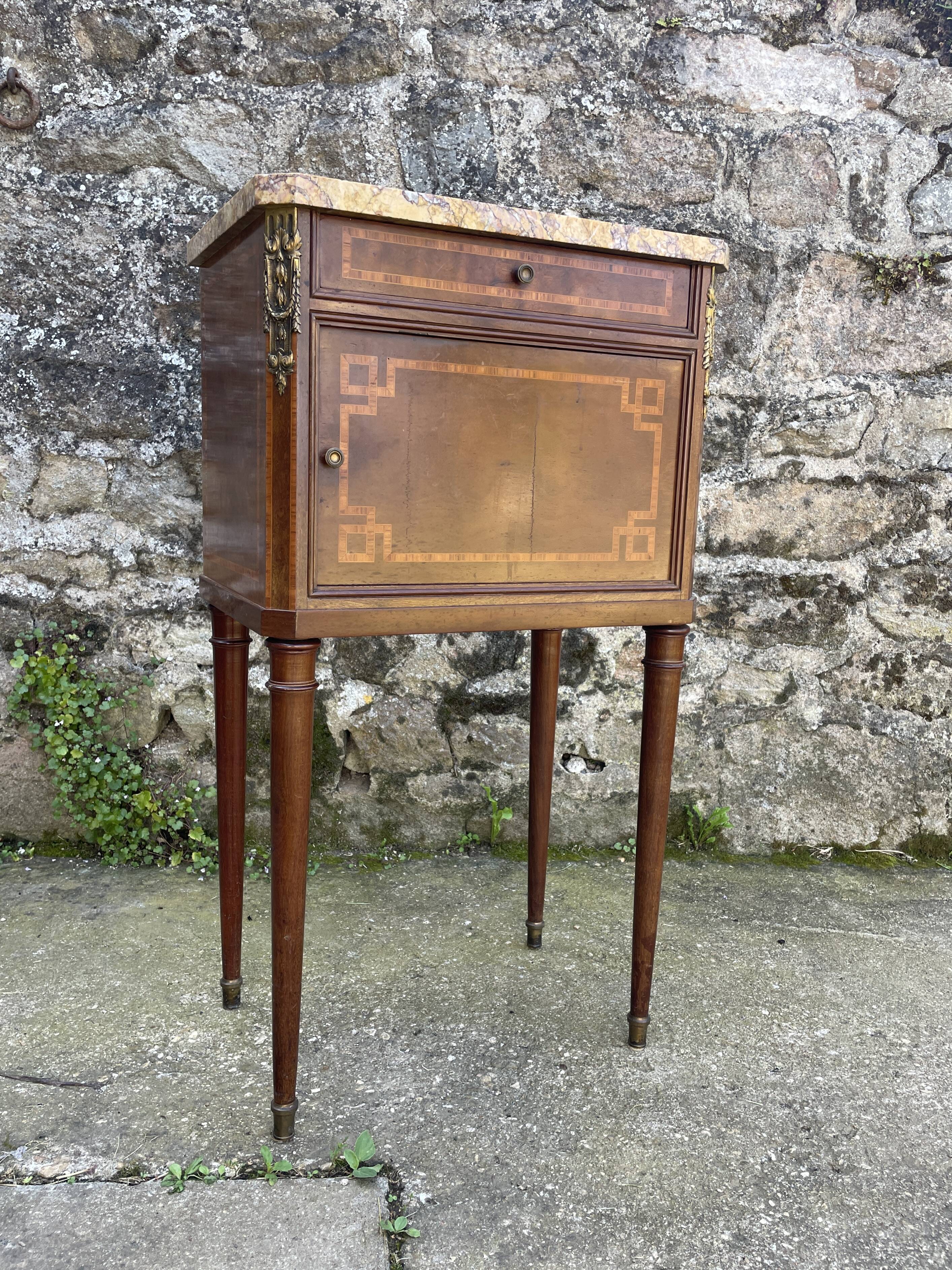 Louis XVI style bedside table in bronze, marble and ceramic