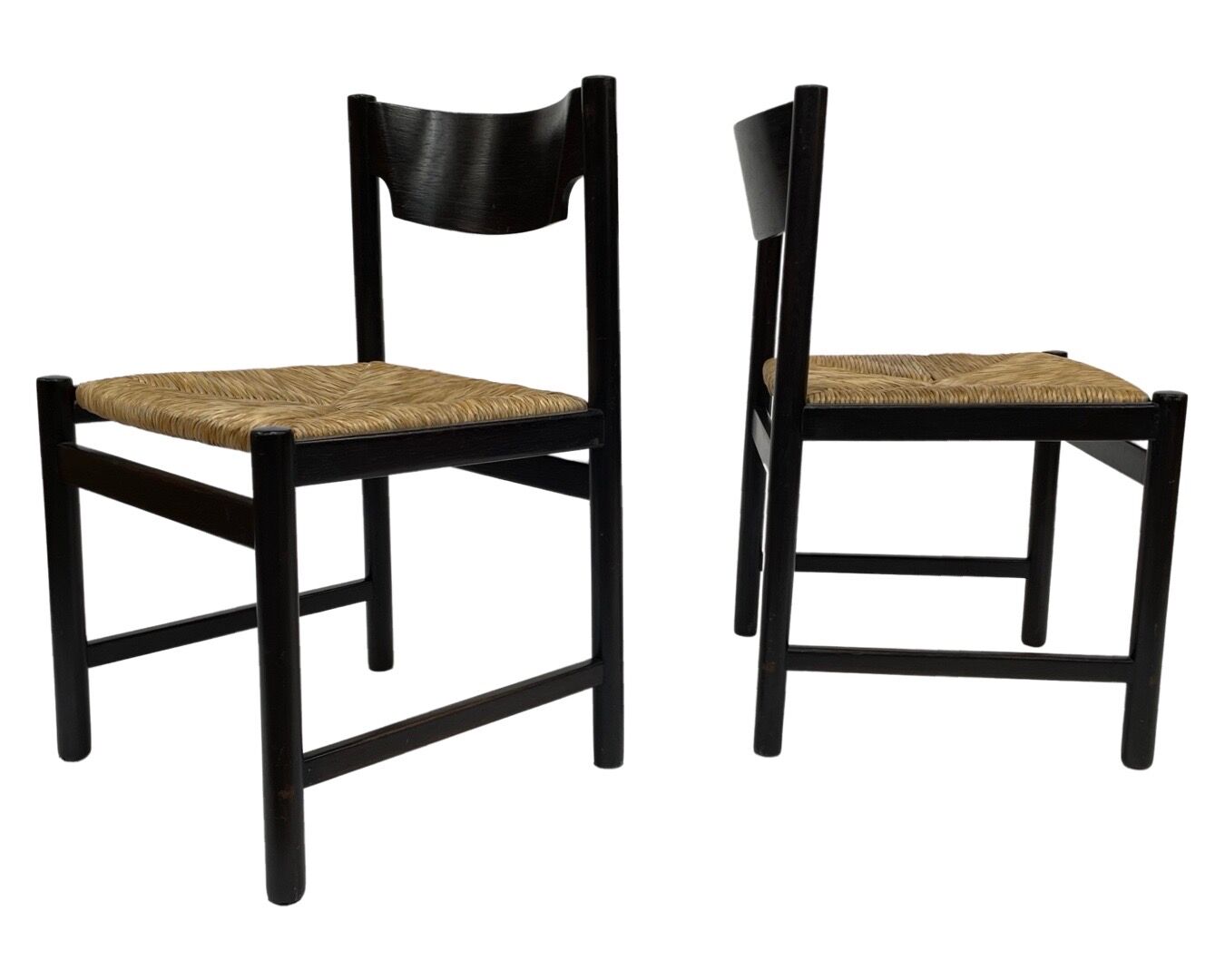 4 vintage dining room chairs with braided seat in wenge wood, 1970s