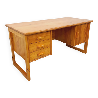 Bureau de direction pieds traîneau vintage en pin des années 60 70