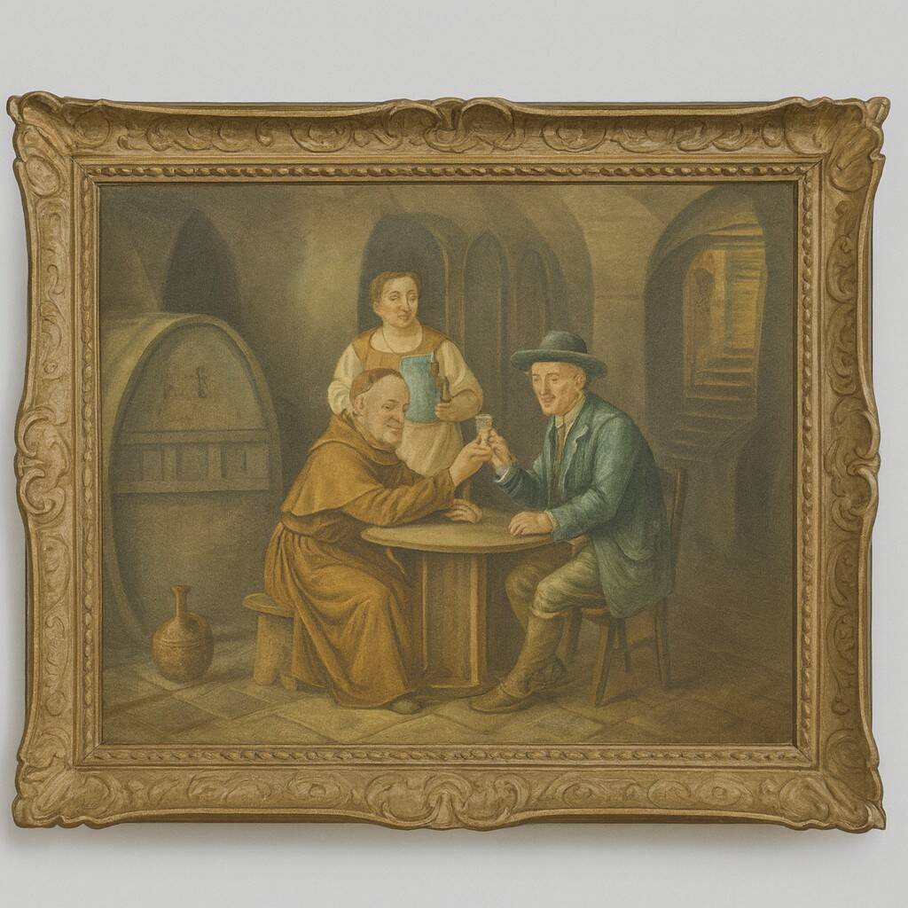 Granval: oil painting on canvas depicting a tasting scene in the cellars of a monastery.