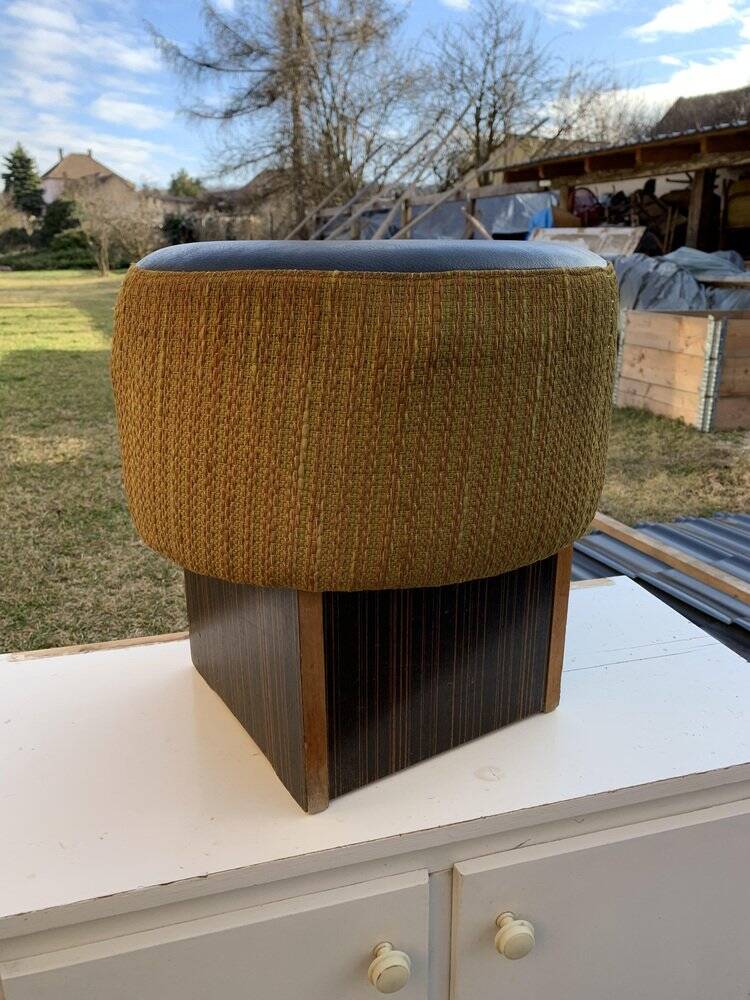 Black hexagonal pouf in fabric and faux leather, mid-century Hungarian ottoman from the 1950s.