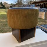 Black hexagonal pouf in fabric and faux leather, mid-century Hungarian ottoman from the 1950s.