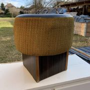 Black hexagonal pouf in fabric and faux leather, mid-century Hungarian ottoman from the 1950s.