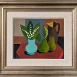Mid-Century Modern "Pears & Lily of the Valley" Swedish Vintage Expressionist Still Life Tempera Pai