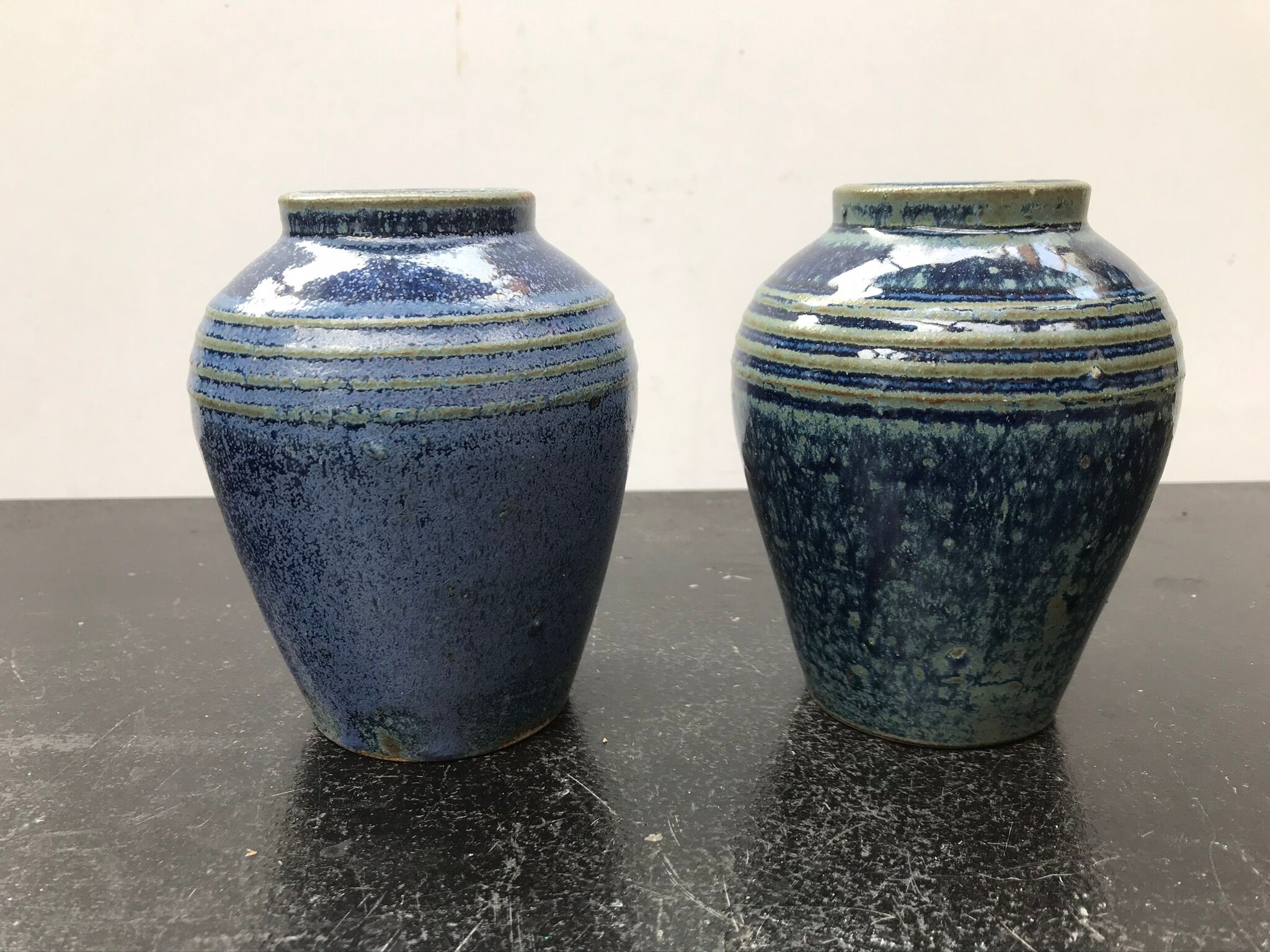 Pair of old vintage blue enamelled stoneware vases
