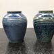 Pair of old vintage blue enamelled stoneware vases