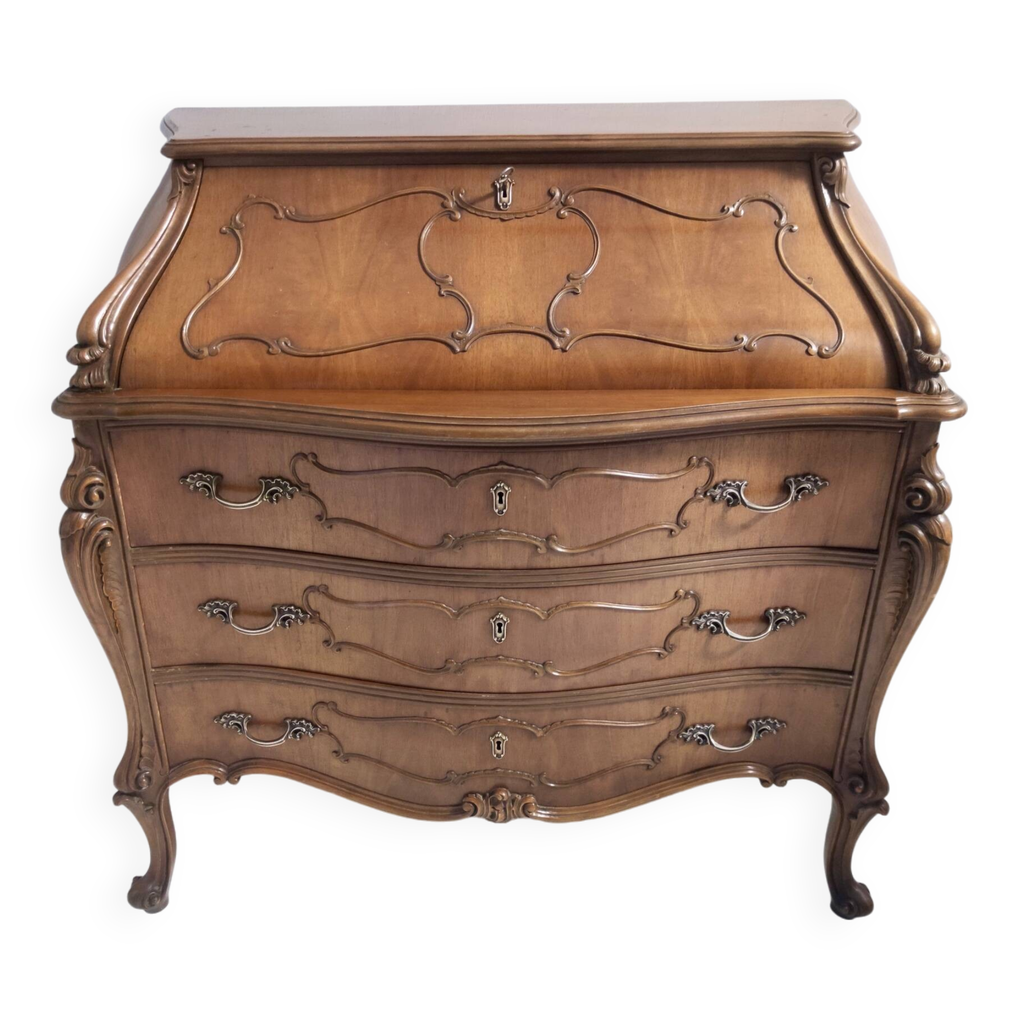 Vintage Baroque Solid Walnut Dresser with Inlaid Designs, Italy