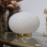 Murano Glass White Swirl Globe Table Lamp on Golden Base | MCM Midcentury Modern | Italian Minimalistic Design | Handcrafted Bedside Light