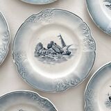 6 assiettes à dessert anciennes en faïence "Marine" Orchies