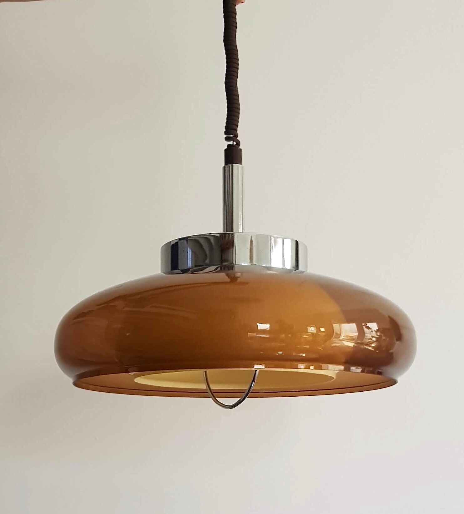 Vintage pendant lamp chrome and transparent brown plastic adjustable in height