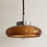 Vintage pendant lamp chrome and transparent brown plastic adjustable in height