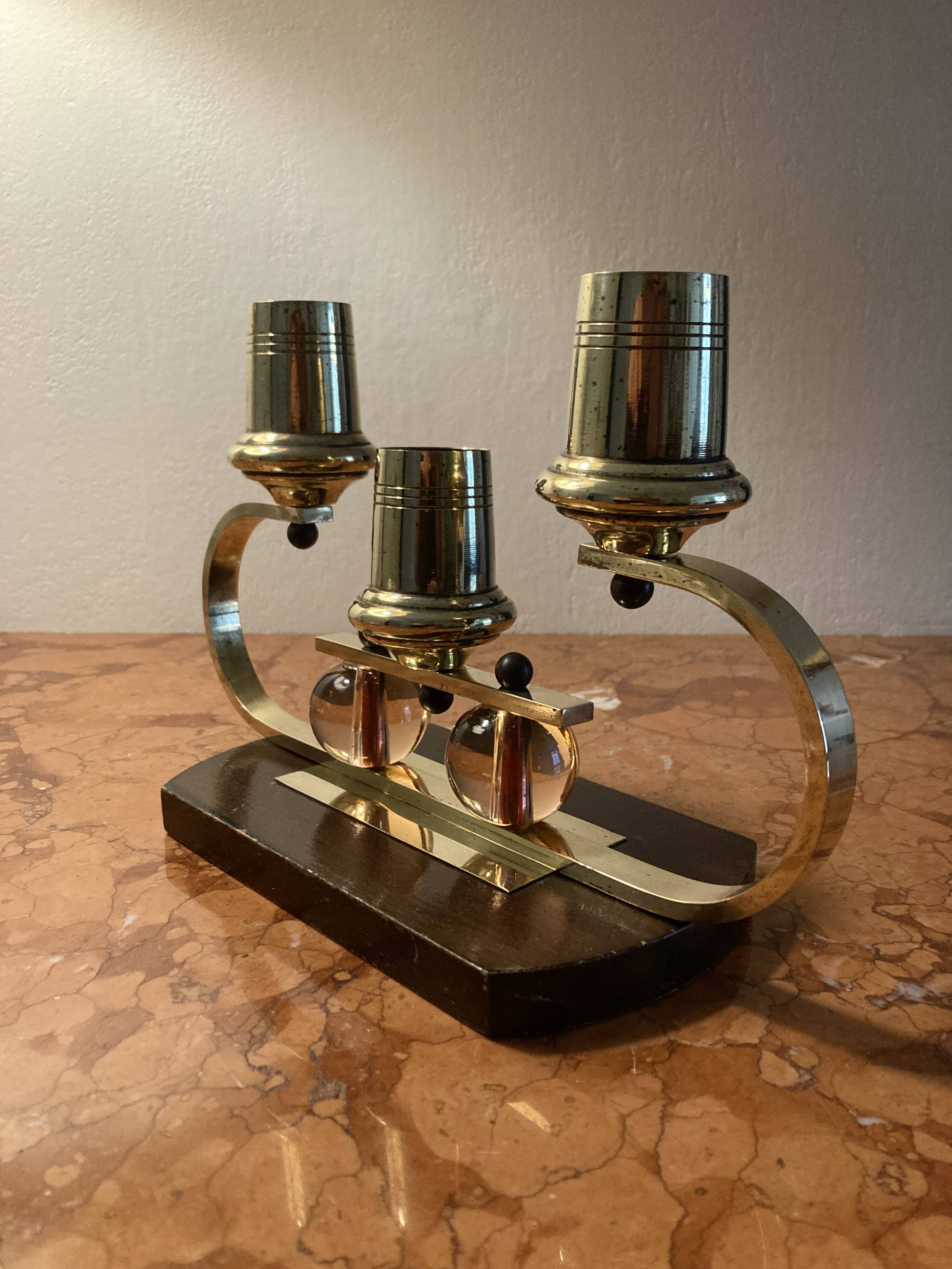 Art Deco candle holder in wood and brass