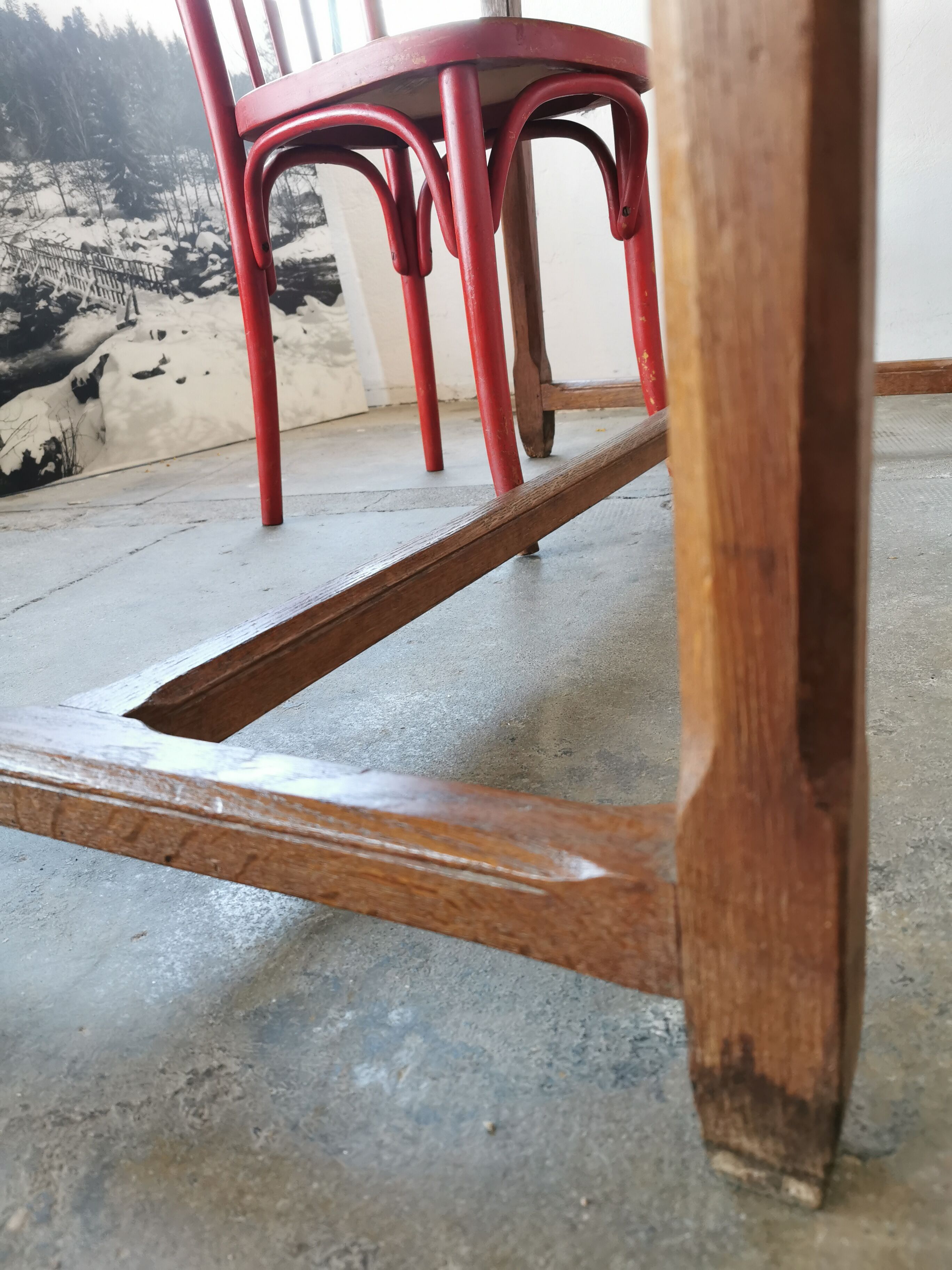 Table in raw oak, countryside.