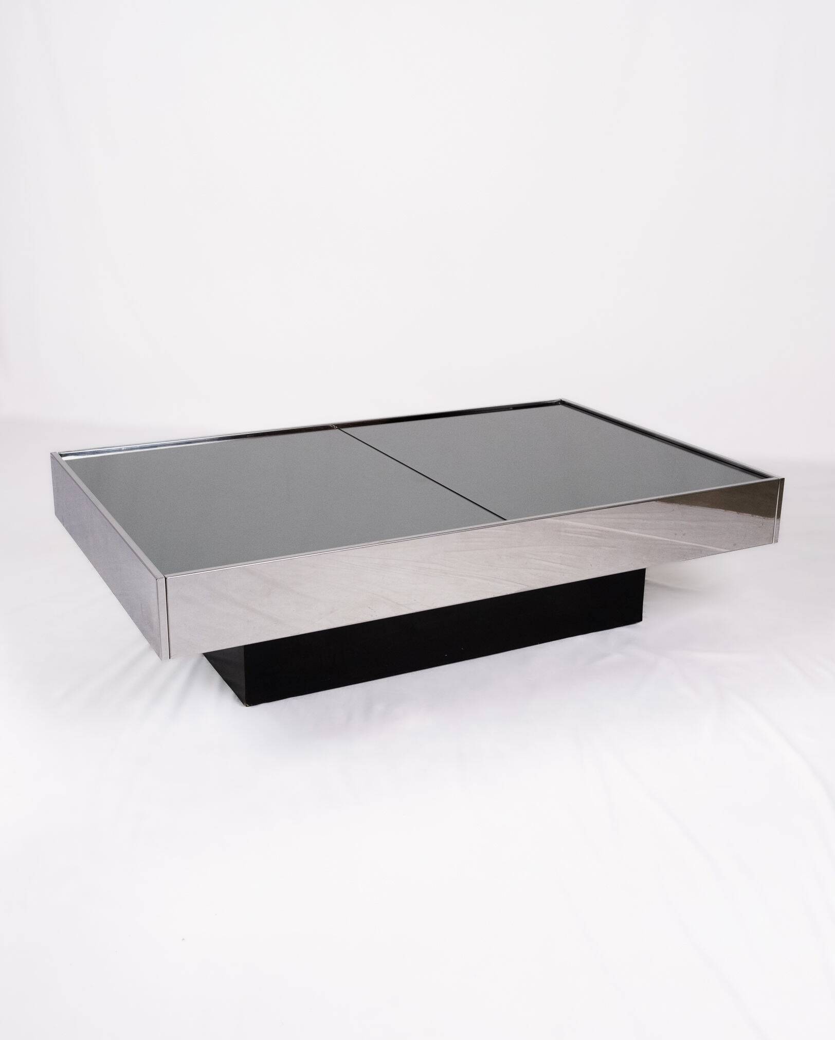 Mirror coffee table with bar, Willy Rizzo for Cidue, Italy, 1970s