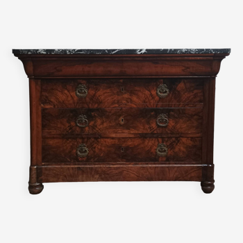 Louis Philippe chest of drawers in burl walnut and marble top