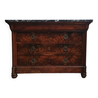 Louis Philippe chest of drawers in burl walnut and marble top