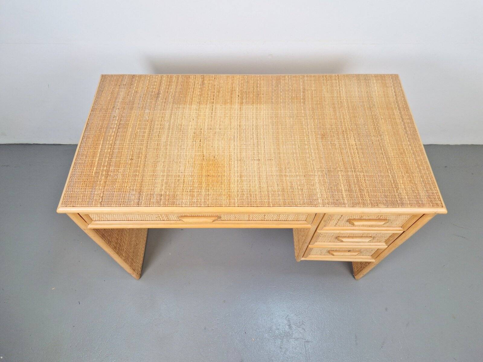 Vintage French Bamboo Rattan Desk with Drawers, 1970s