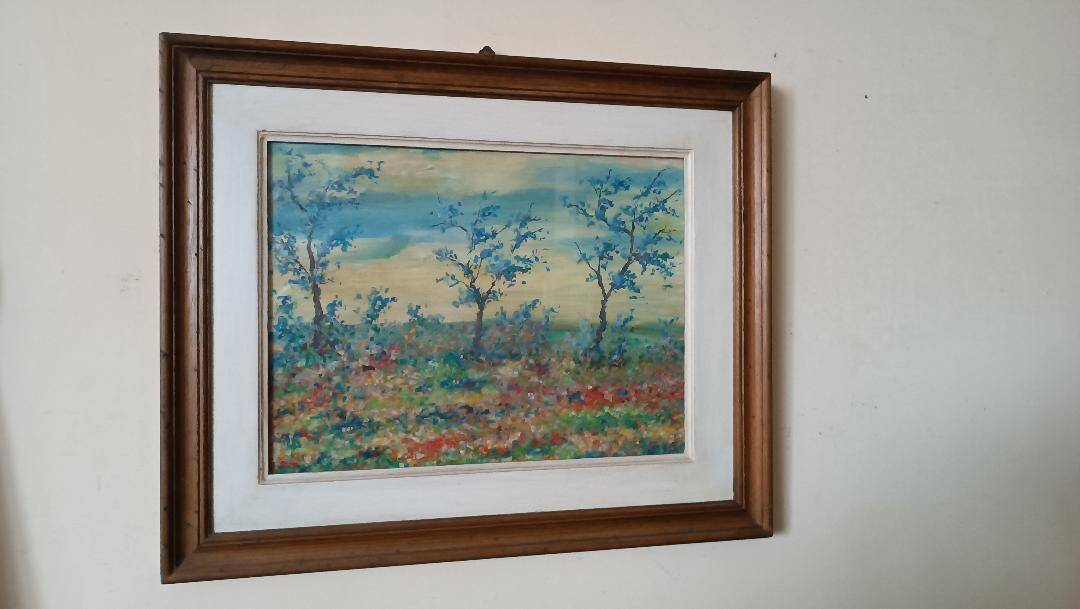 Peinture à l'huile sur panneau paysage campagne prairie fleurie signée