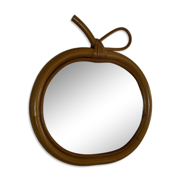 Miroir vintage 1960 pomme rotin osier bambou - 32 x 33 cm