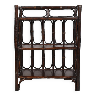 Bamboo and rattan shelf, vintage from the 70s, dark brown.