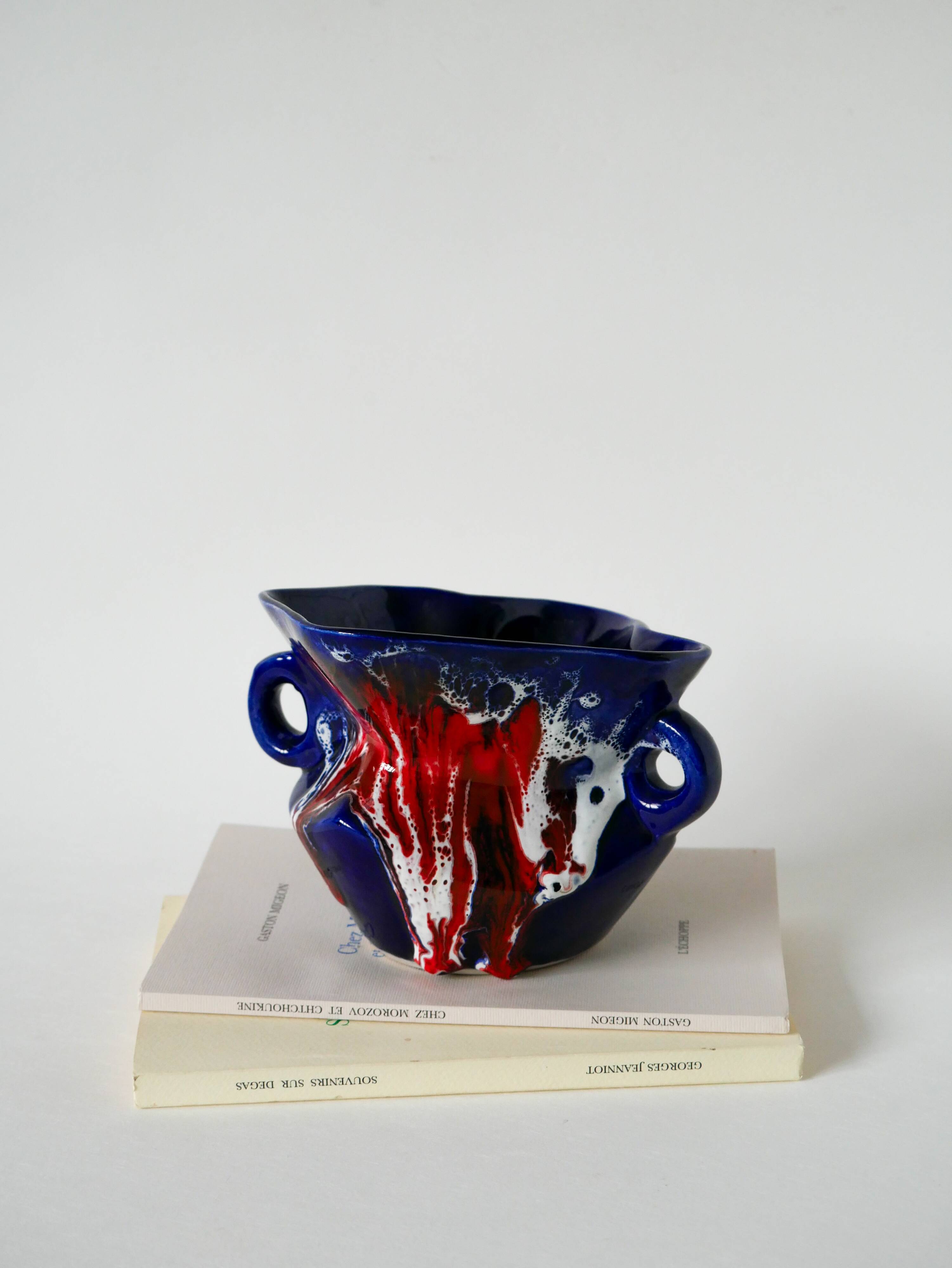 Ceramic vase / fat lava red, blue and white, 1970