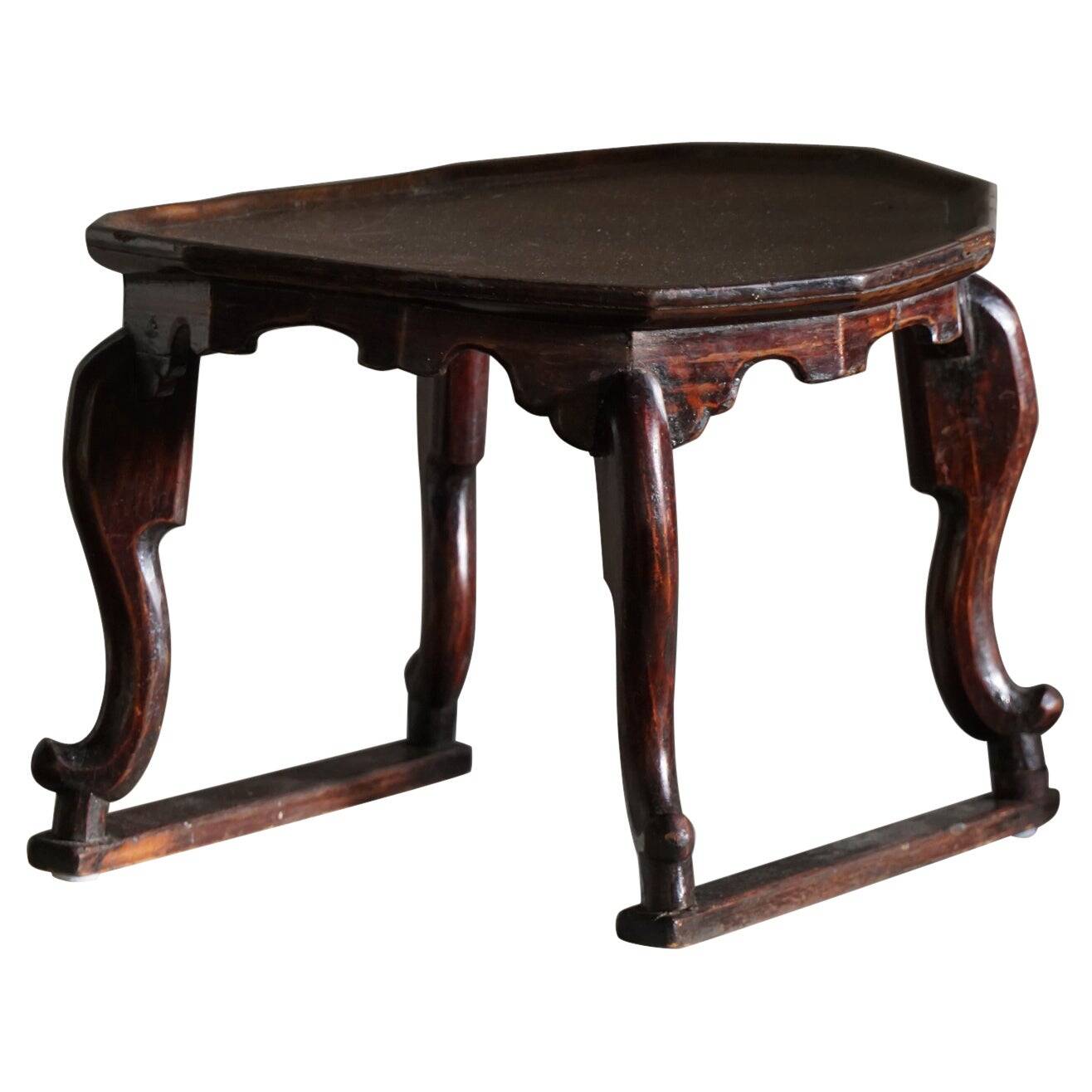 Organic Art Deco side table / solid stained wood stool, 1940s