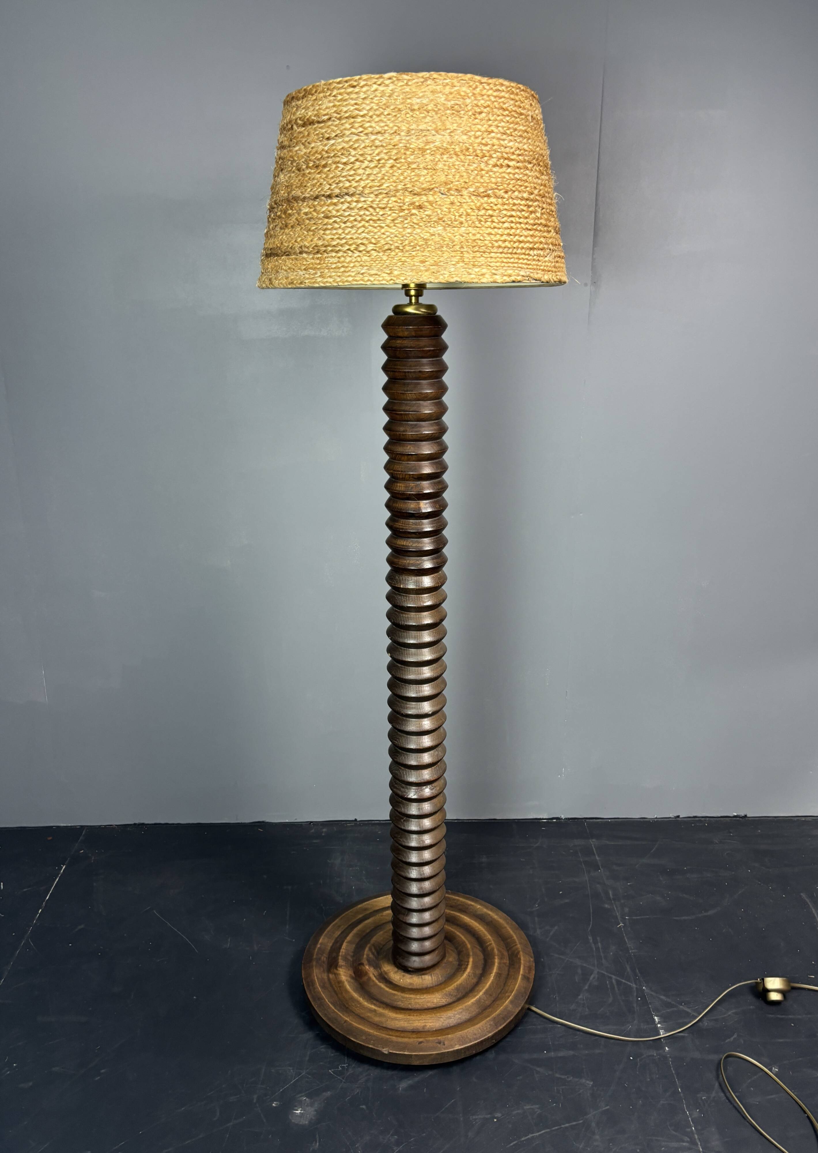 Midcentury brutalist chunky wood turned floor lamp, Charles Dudouyt style.