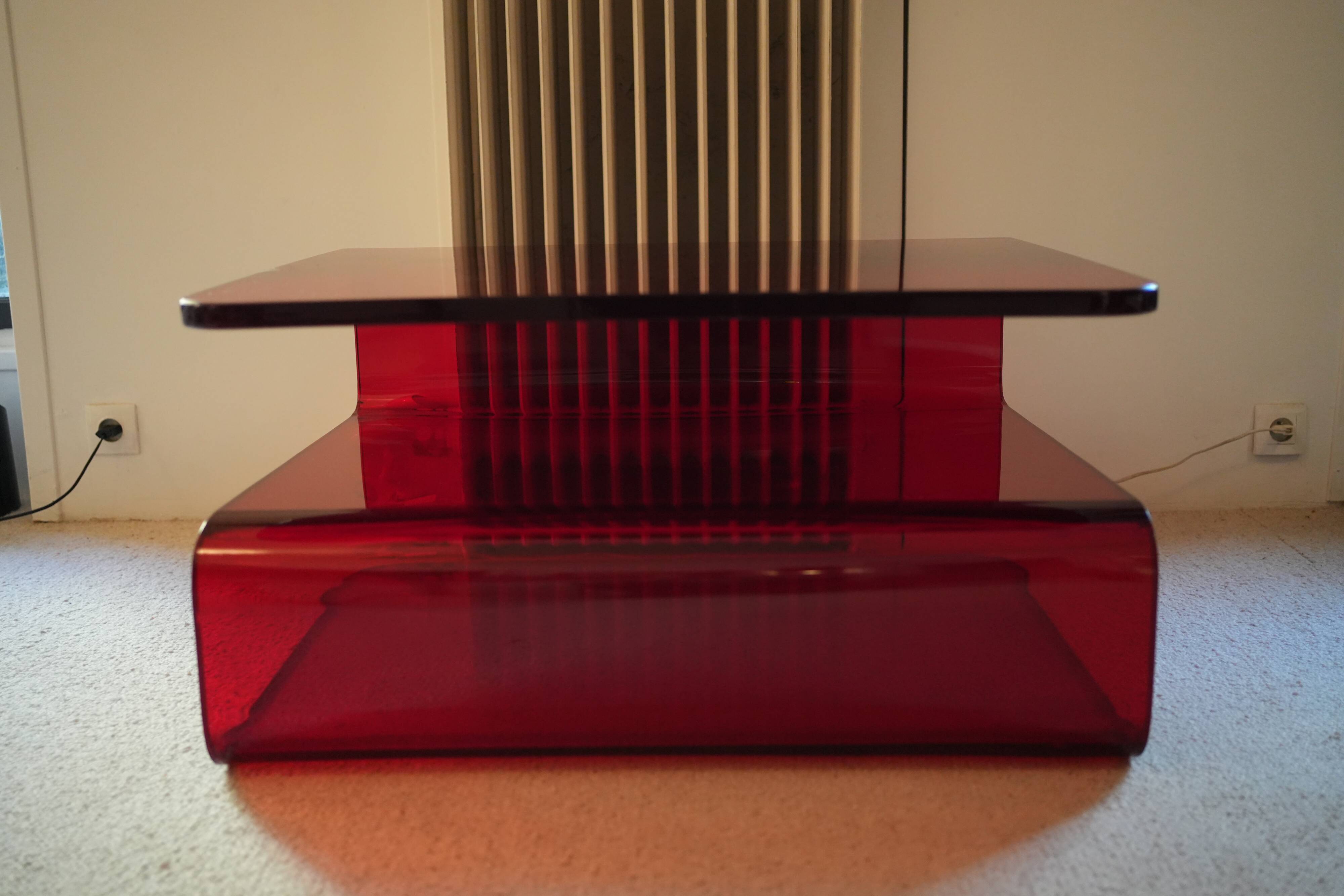 Red Plexiglass Coffee Table from the 1970s, French Design, Aesthetic