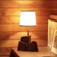 Wood and brass sculpture lamp with shade, 1950s.