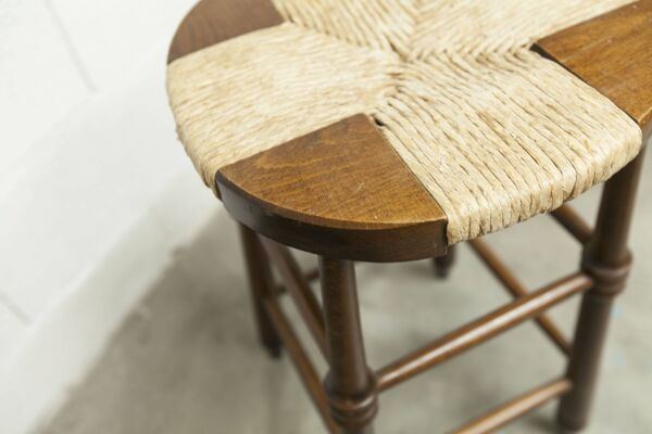 Tabouret brutaliste bois et paille 1960 59cm
