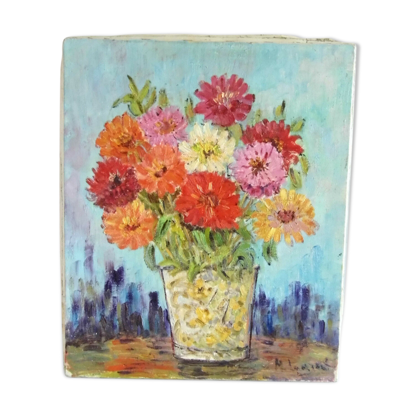 Oil-on-canvas painting 1960 by Mr. Laurent Provençal painter "The anemones"