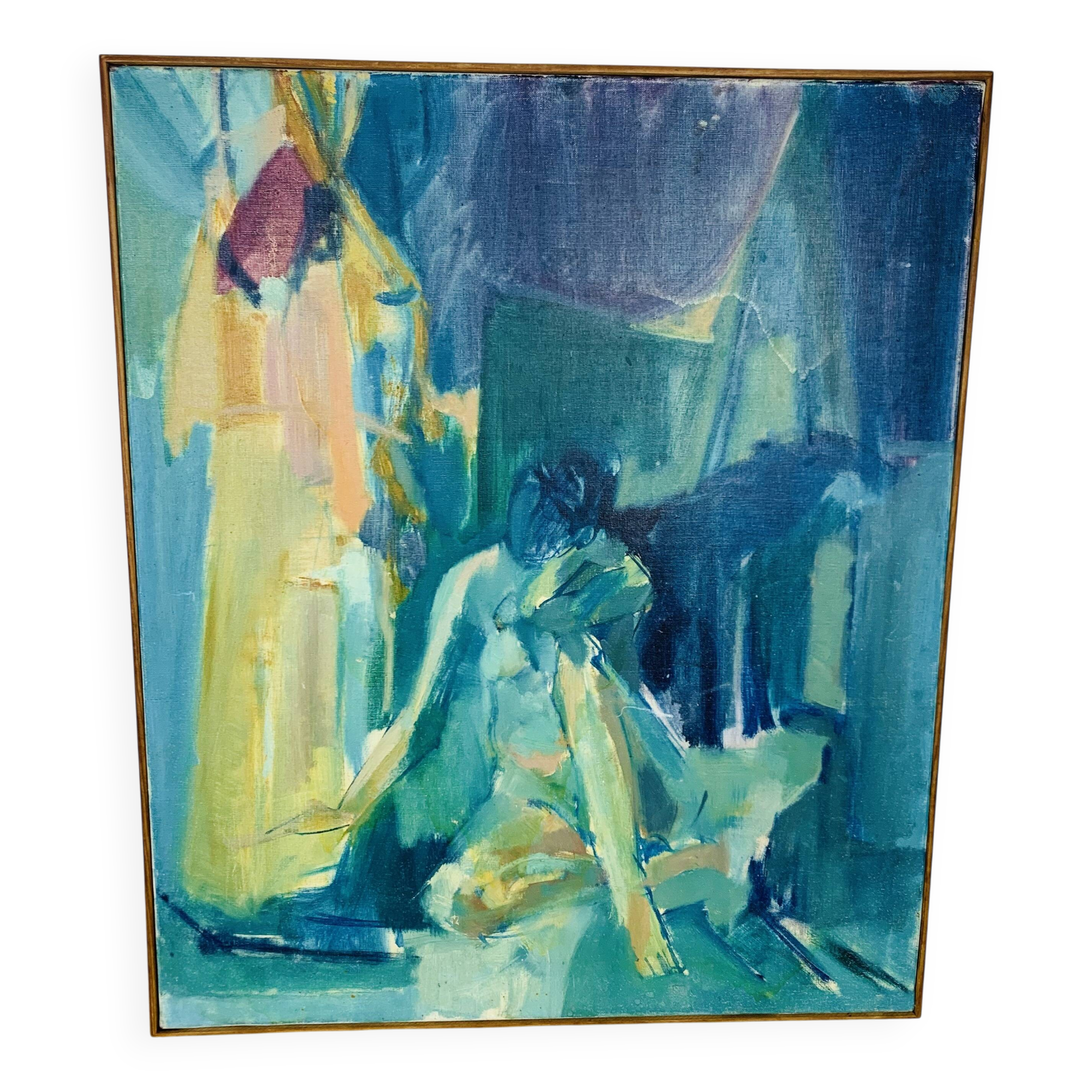 Painting, contemporary oil on canvas, blue women