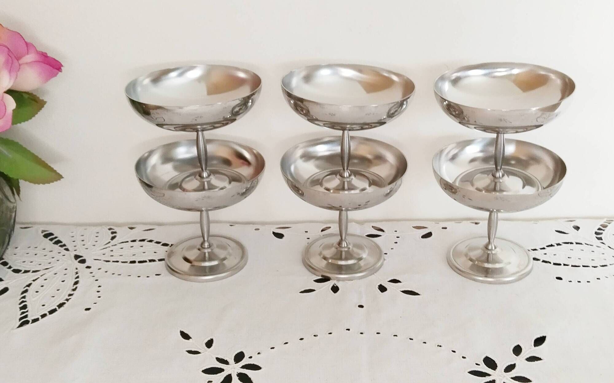 Set of 6 large ice cream cups on foot, in 18/10 stainless steel (ref 6)