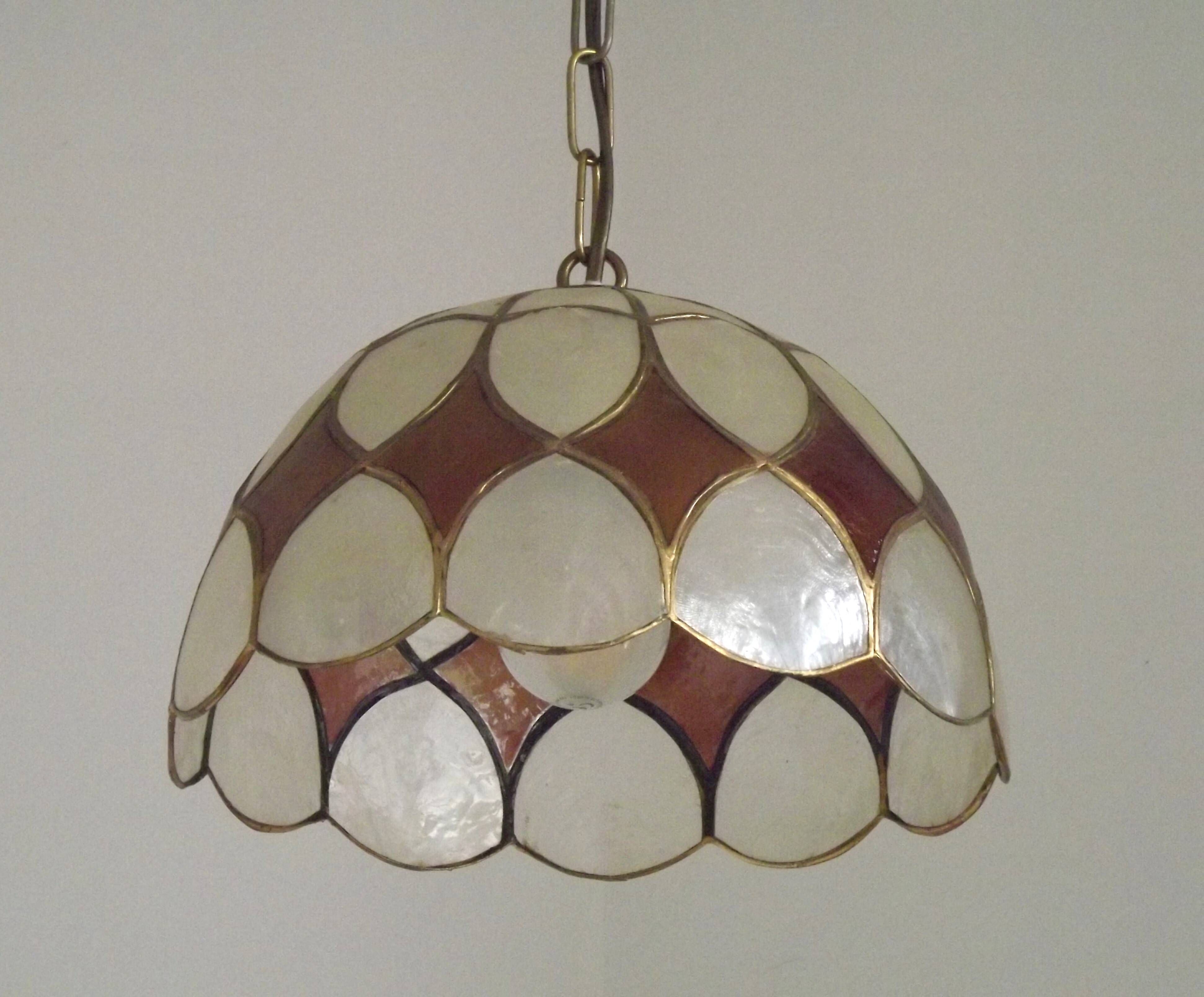 French Vintage Capiz Shell Hanging Pendant Light in Brown & White Gold Trim