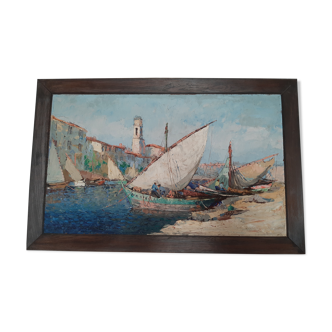 Painting Fernand van den Bussche - oil on panel "Port of Martigues"