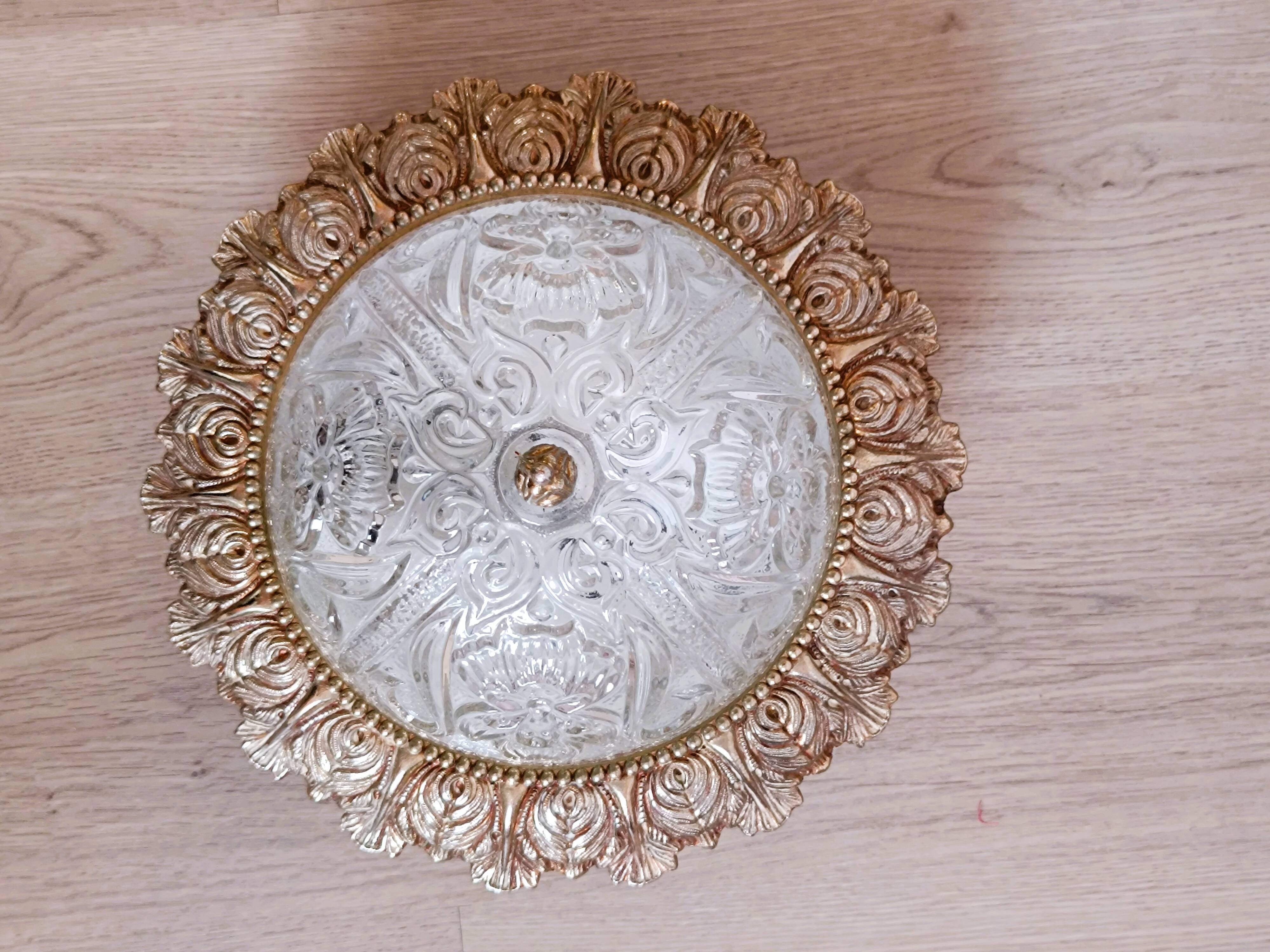 1960s molded glass ceiling light with brass crown