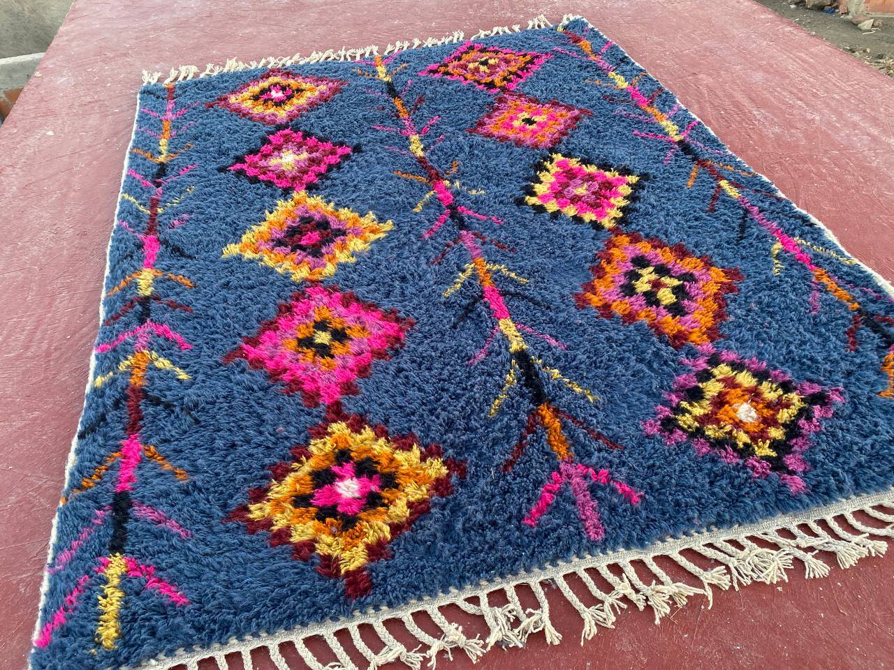 Berber rug 3x2M Thick wool deep blue & multicoloured Berber patterns