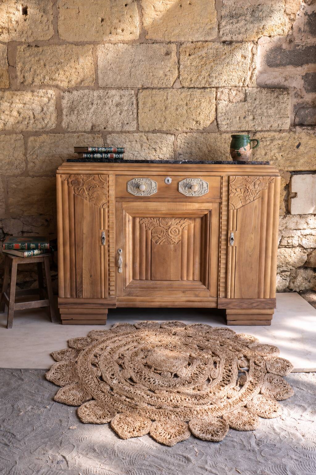Art Deco sideboard in walnut • Black marble • Sculpted decorations