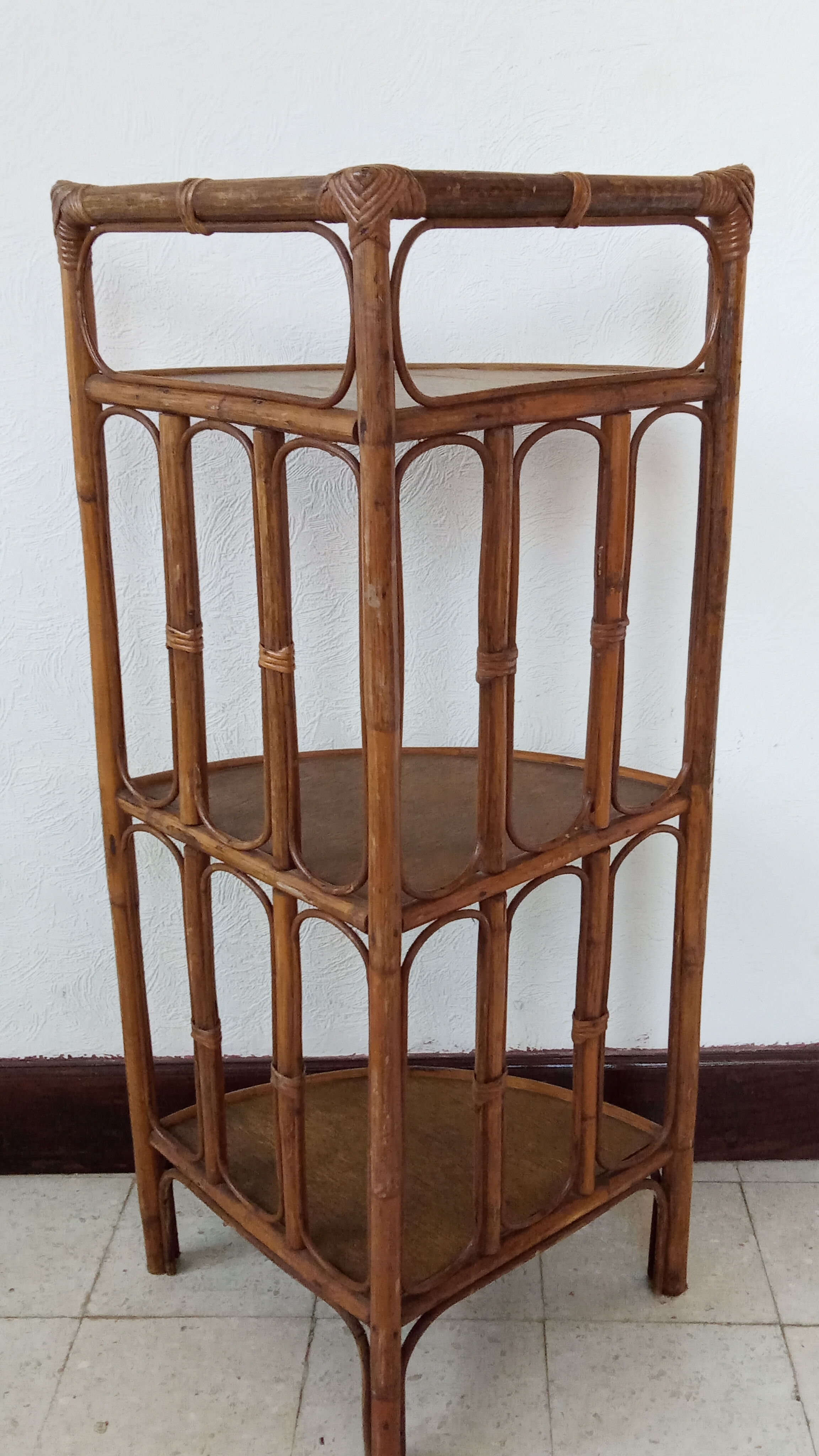70s rattan corner shelf