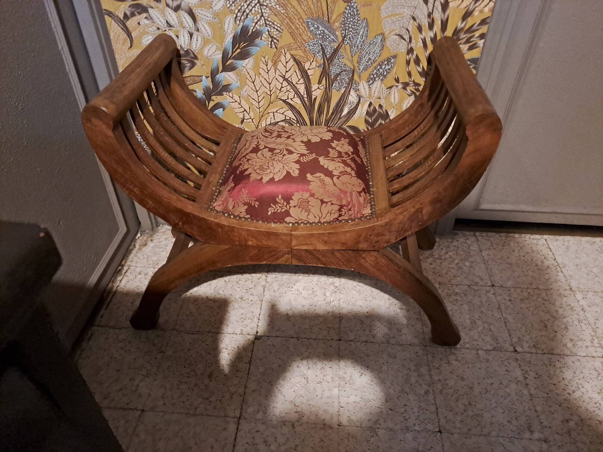 CURULE seat in antique Roman style, restored in teak wood and jacquard satin fabric