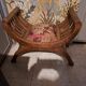 CURULE seat in antique Roman style, restored in teak wood and jacquard satin fabric