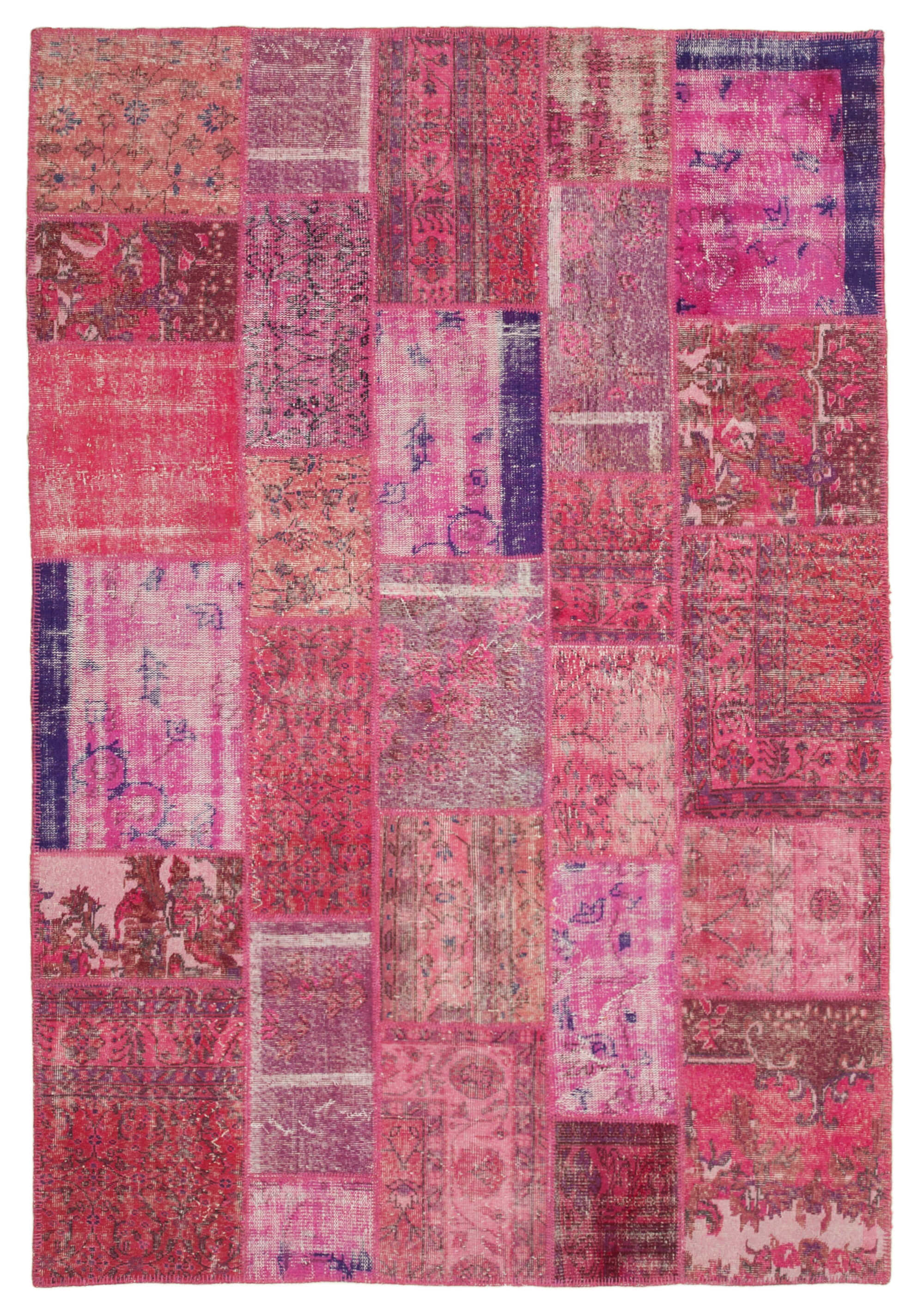 Hand-knotted oriental overdyed 198 cm x 294 cm pink patchwork carpet